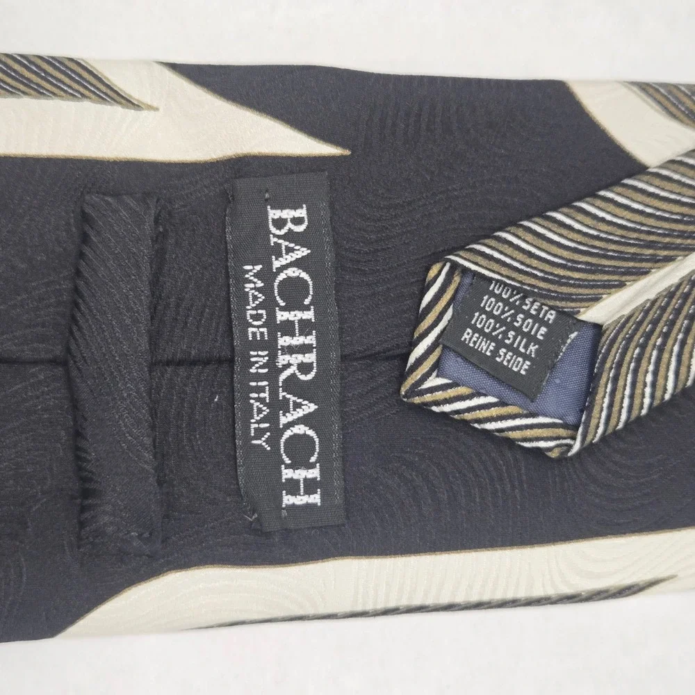 Bachrach Mens Silk‎ Tie Black Cream Geometric Abstract Made in Italy 4 Inch Wide